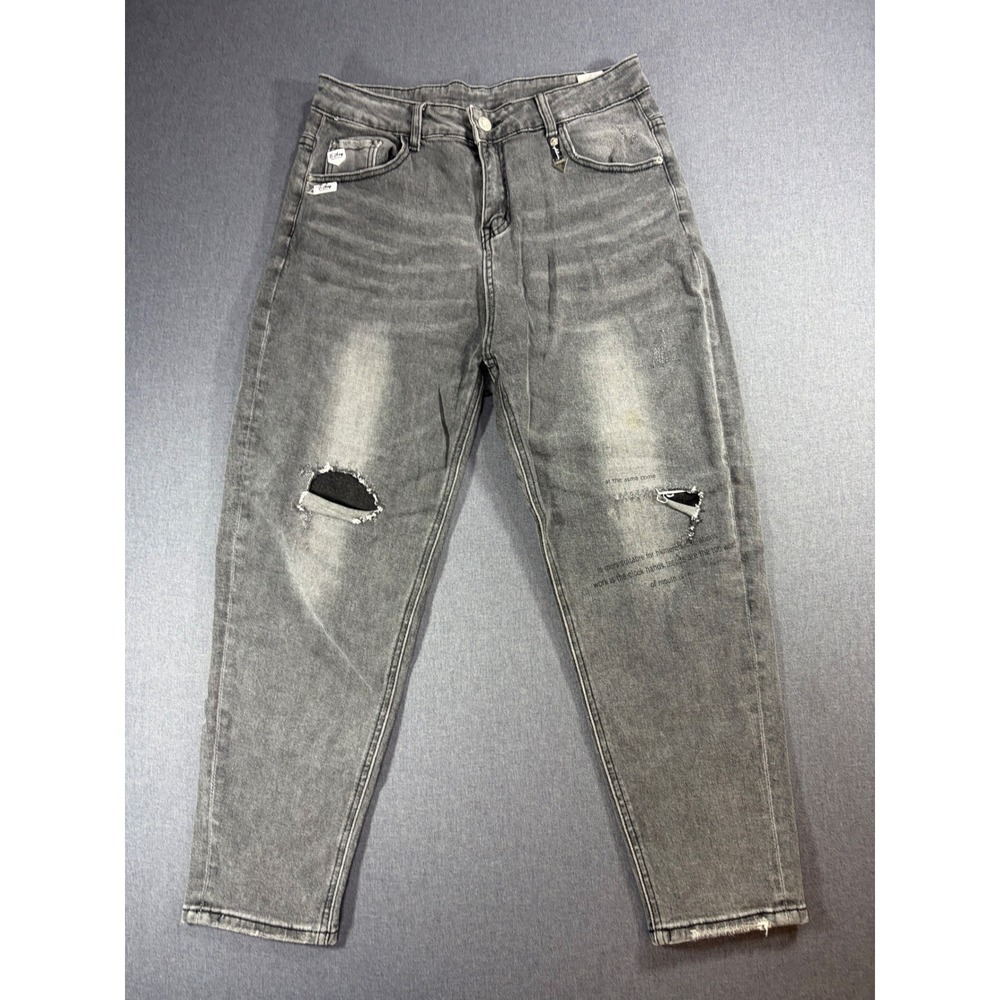 B.boy Grey Distressed Tapered Leg Jeans Size 29 Graphic Text Streetwear Pants